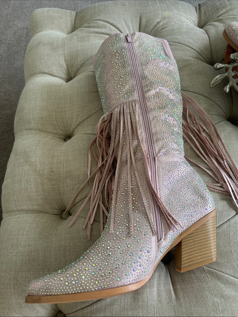 Fashion Nova Pink Rhinestone Fringe Western Boots